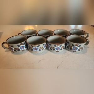 Set Of 8 Ceramic Stoneware Vintage Mugs Bowls Flower Brown Blue Large